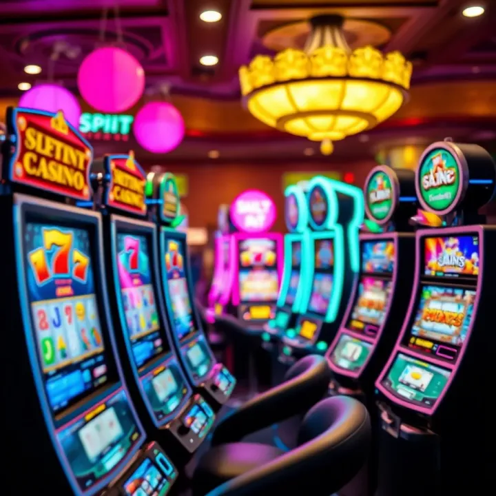 Colorful casino slot machine reels displaying various symbols with vibrant lights