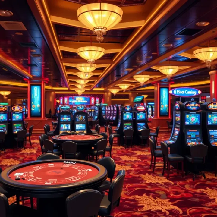 Casino Floor Featuring Gaming Tables and Slot Machines Spacious casino floor with gaming tables and slot machines in a lively atmosphere