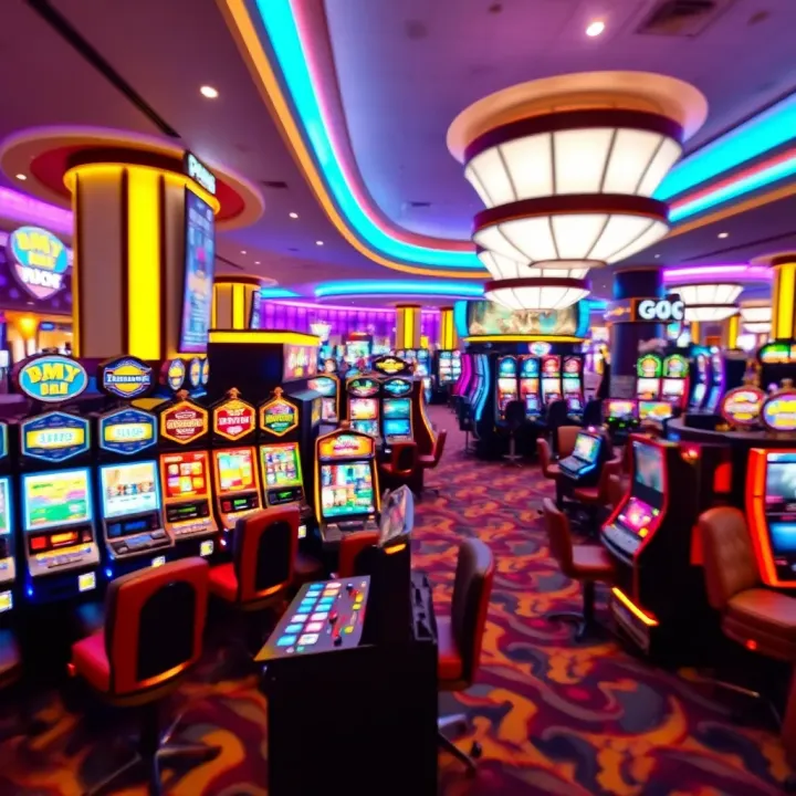 Bright and lively casino floor with colorful slot machines and gaming tables at MGM Grand National Harbor
