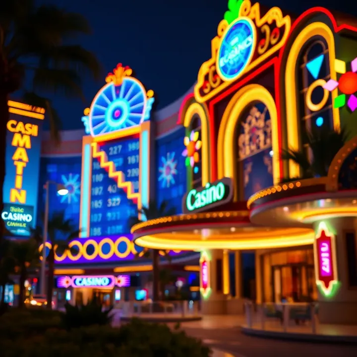 Illuminated Casino at Night Highlighting Architectural Design Exterior night view of an illuminated casino showcasing vibrant lights and architectural design