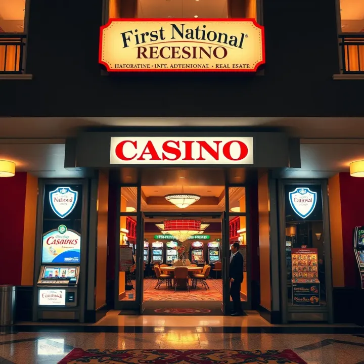 First National R E Casino Entrance View Entrance of First National Real Estate Casino with bright signage and welcoming ambiance