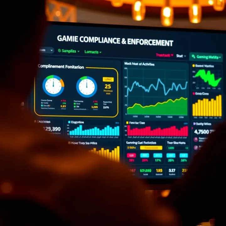 Gaming Compliance and Enforcement Monitoring Dashboard Digital interface displaying gaming compliance data and enforcement metrics for casino activities