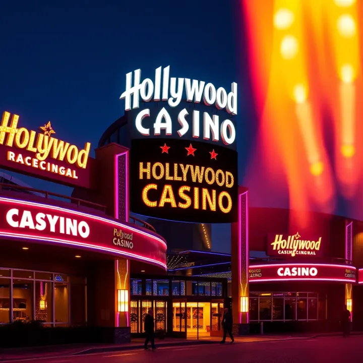 Hollywood Casino Entrance Illuminated at Night Exterior view of Hollywood Casino featuring bright neon lights and dynamic signage at dusk