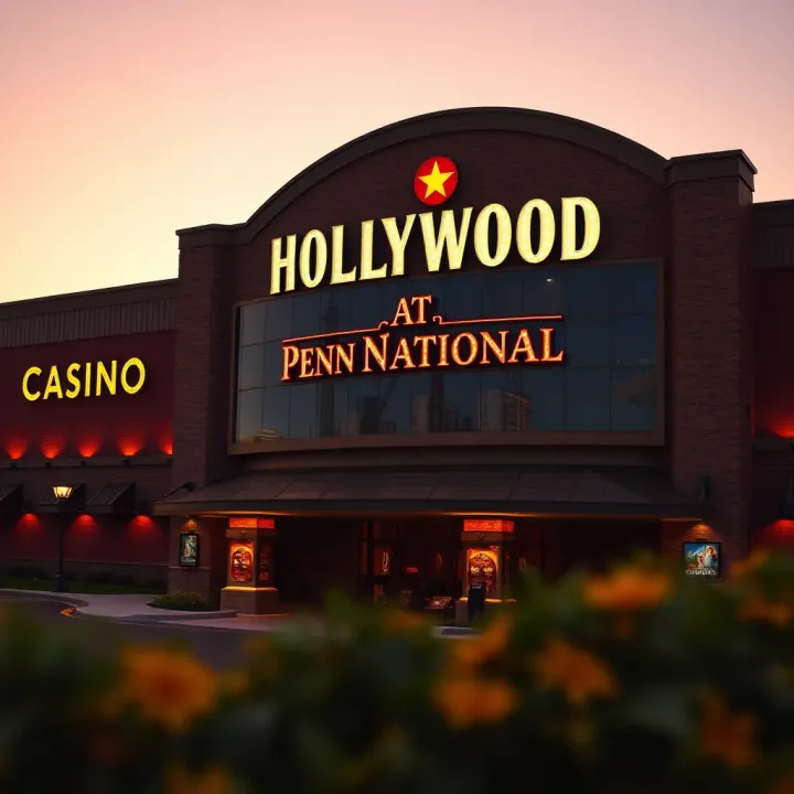 Exterior view of Hollywood Casino at Penn National showcasing its grand entrance and illuminated signage at dusk