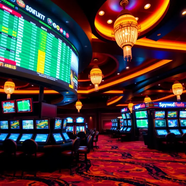 Interior view of Hollywood Casino Penn National showcasing the sports betting area with digital screens displaying betting odds and sports events