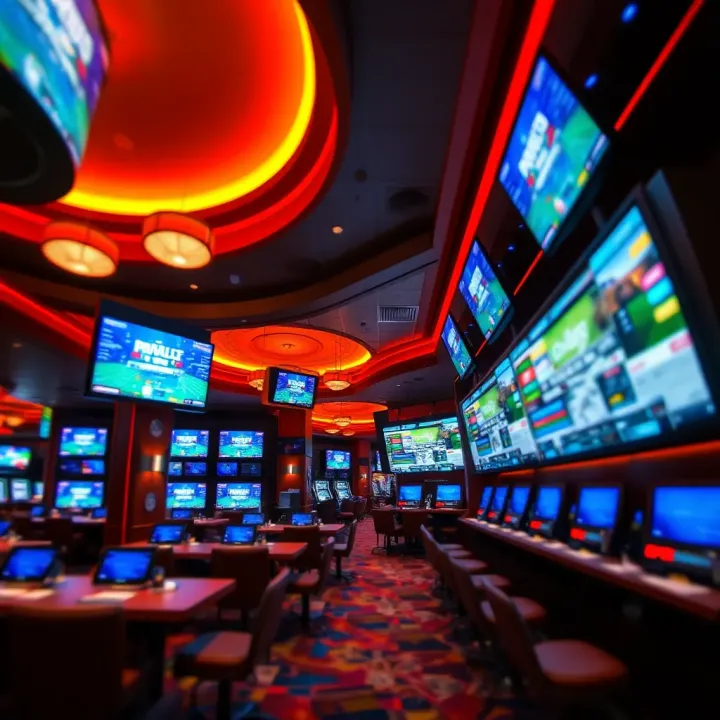 Interior view of Hollywood Casino Penn National sportsbook with multiple digital betting screens and comfortable seating