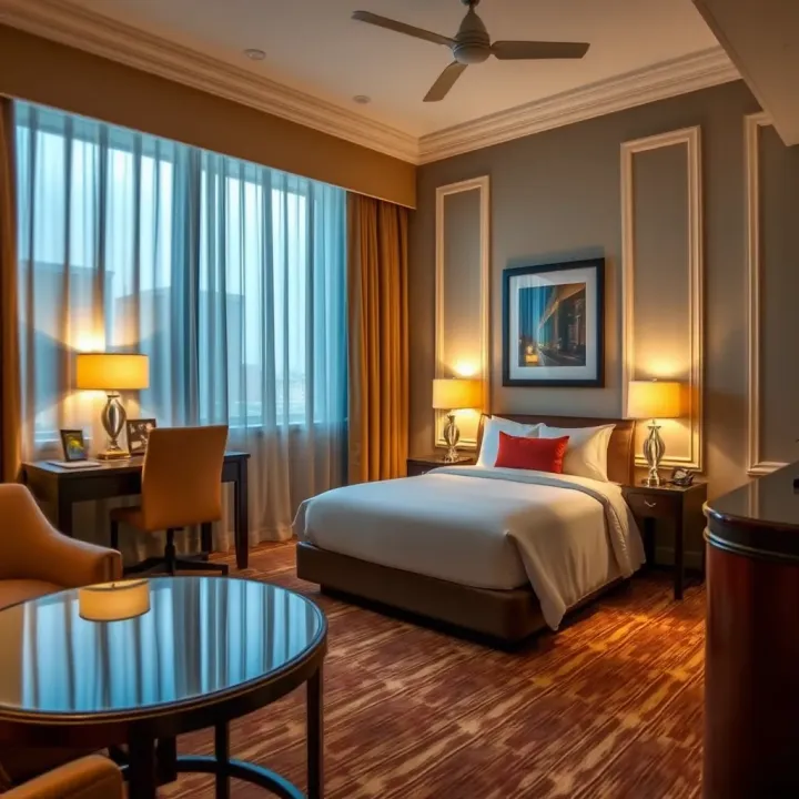 Comfortable hotel room featuring a king-size bed, ambient lighting, and contemporary decor
