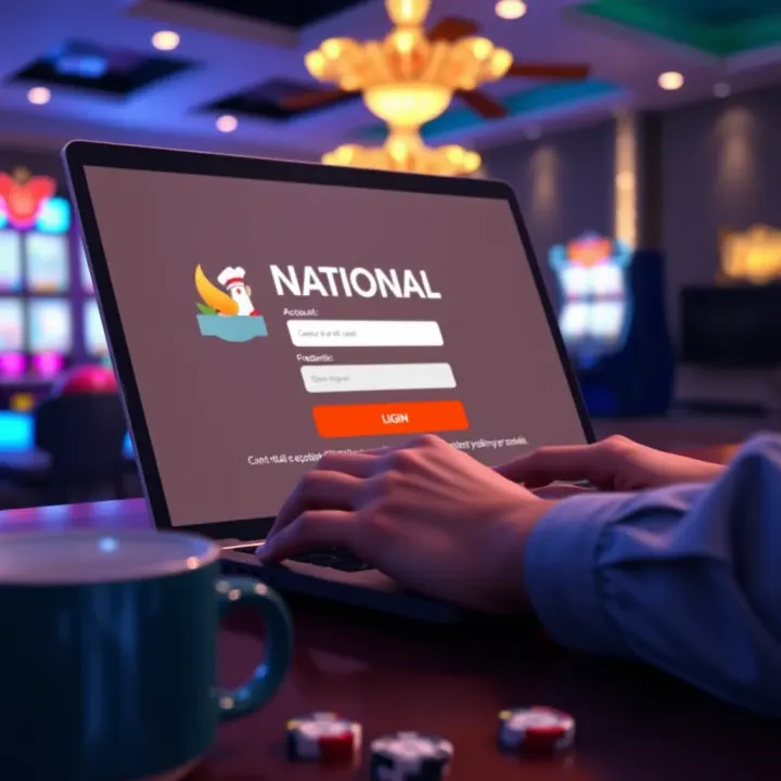 User entering credentials to access National Casino account on a laptop