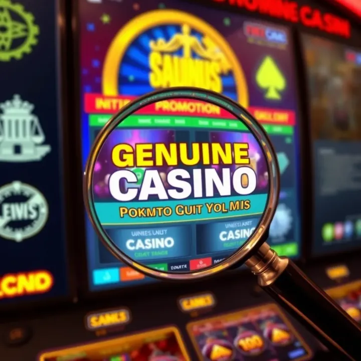 Magnifying glass highlighting a genuine casino promotion on a digital screen with legal symbols in the background