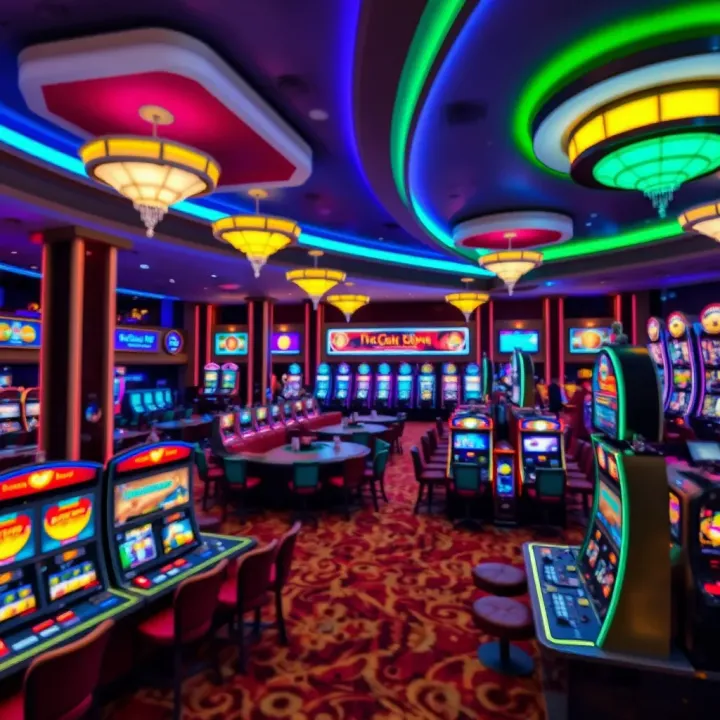 Luxurious casino floor illuminated with vibrant lights and rows of gaming tables and slot machines