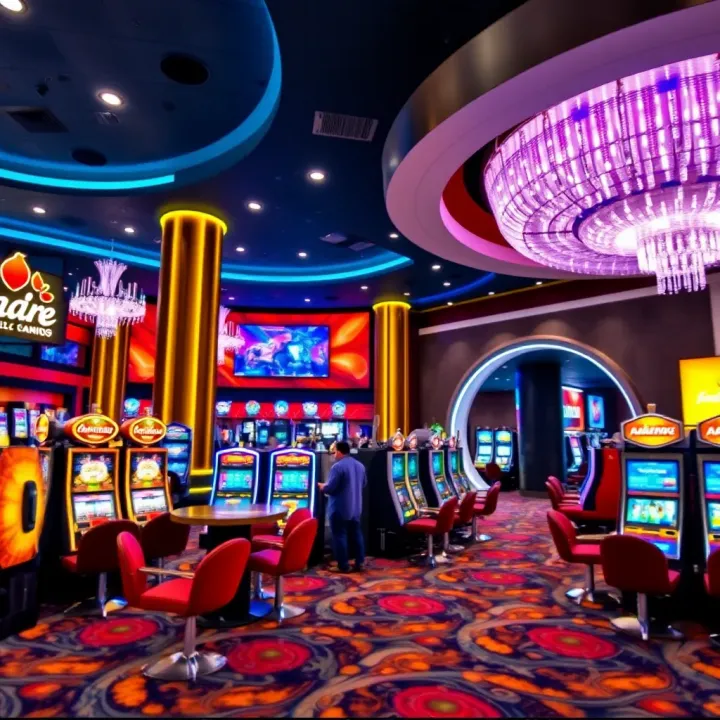 Luxurious casino floor with slot machines and vibrant entertainment area