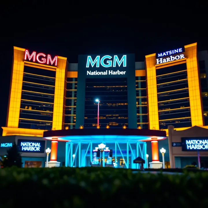 Exterior view of MGM National Harbor casino illuminated at night showcasing its modern architecture