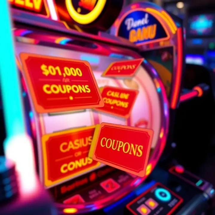 Illustration of a slot machine with coupon symbols indicating bonus offers