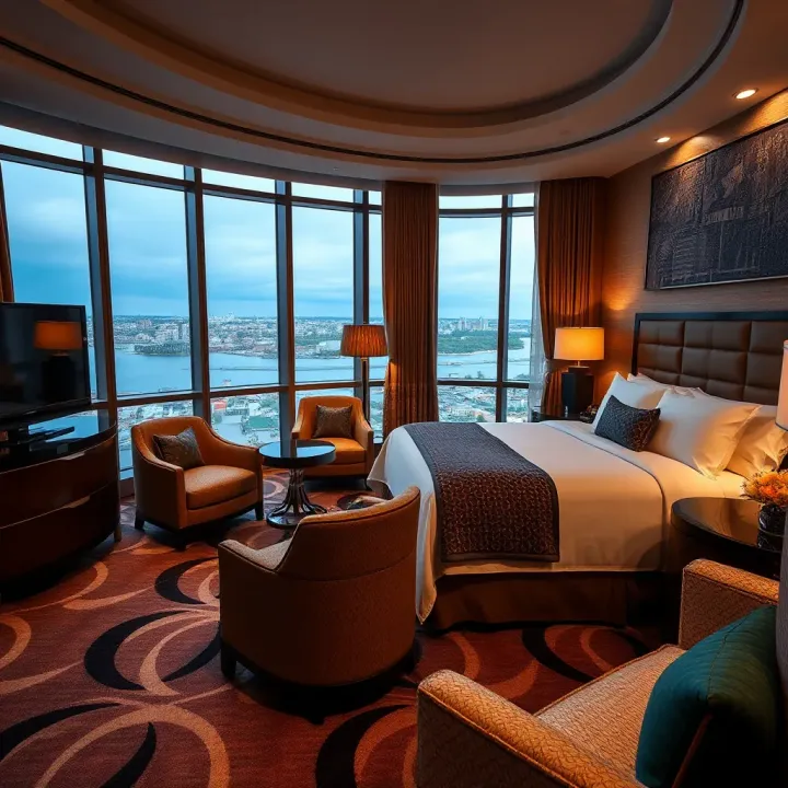 Luxurious hotel suite at MGM Casino National Harbor featuring elegant furniture and panoramic window views