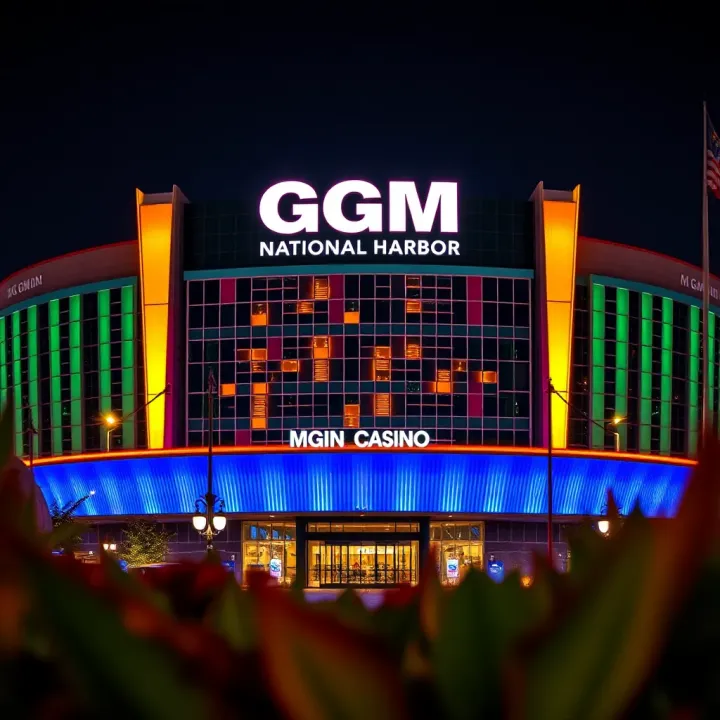 MGM Casino National Harbor at Night Exterior view of MGM Casino National Harbor illuminated at night with vibrant lights and modern architecture