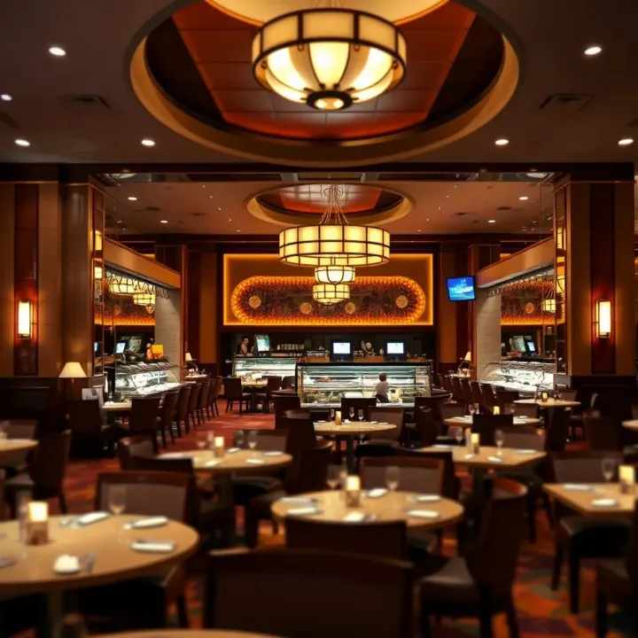 Atmosphere and Comfort at MGM National Harbor Buffet Elegant dining space with warm lighting and comfortable seating at the MGM National Harbor buffet