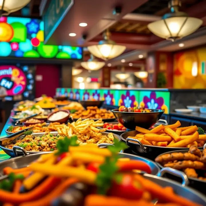 Colorful buffet spread featuring a variety of international dishes in a vibrant dining area