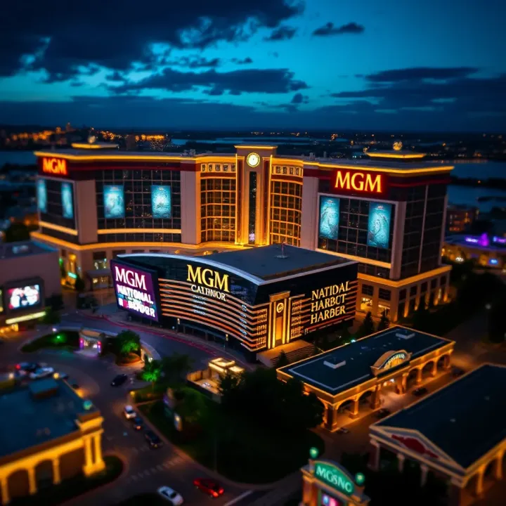 Aerial view of MGM National Harbor casino and hotel illuminated at night