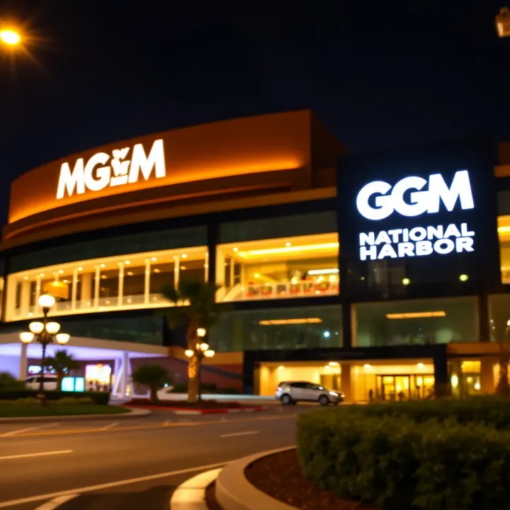 Exterior view of MGM National Harbor casino illuminated at night showing its modern architecture