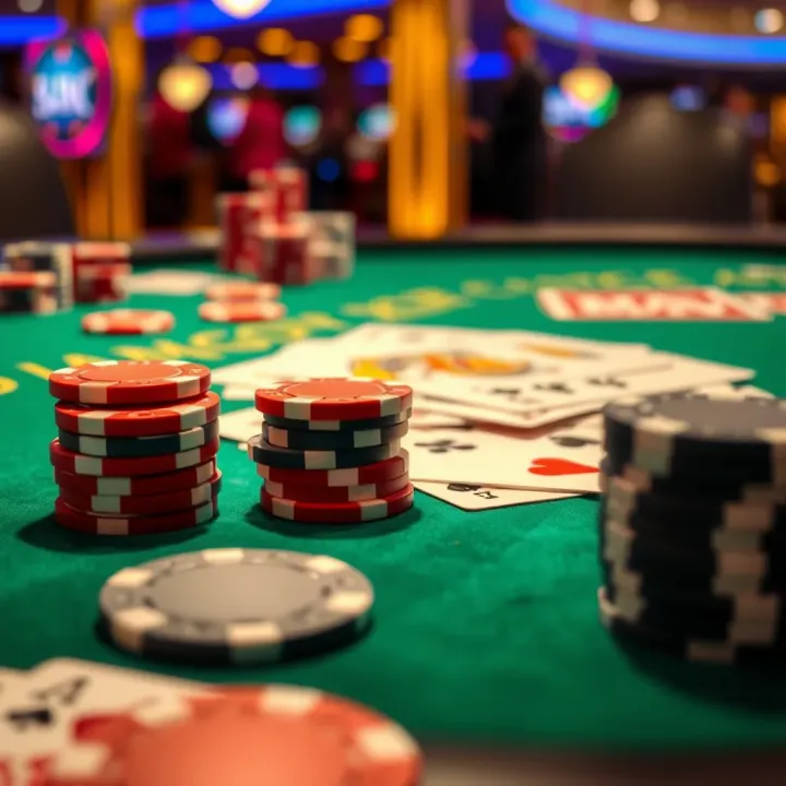 Poker Chips and Cards at MGM National Harbor Casino Close-up of poker chips and cards on a green felt table showcasing the excitement of casino poker