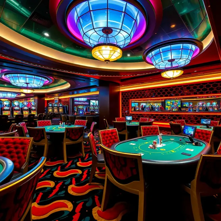 Poker tables set up in a stylish casino room with vibrant lighting and comfortable seating