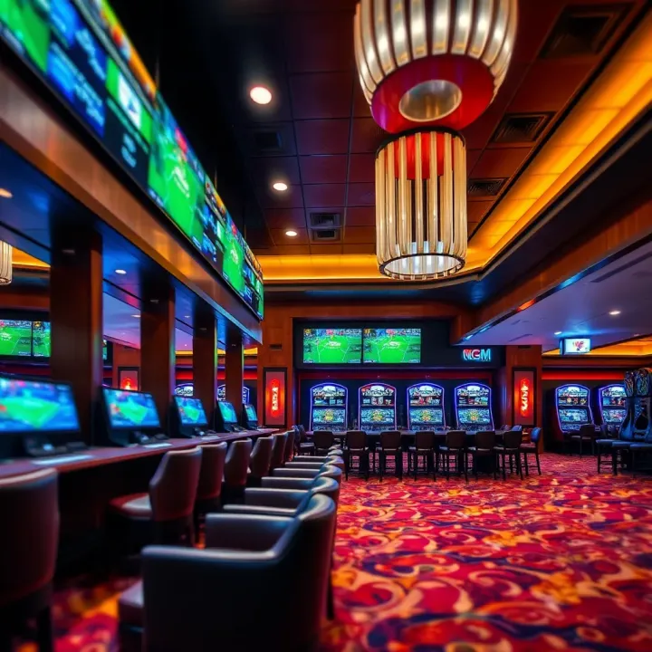 Inside the Sportsbook at MGM National Harbor Casino Sportsbook area inside MGM National Harbor with multiple screens and comfortable seating