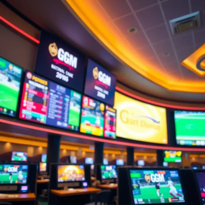 Digital Sportsbook Displays at MGM National Harbor Casino Modern sportsbook area with large digital screens displaying various sports betting options