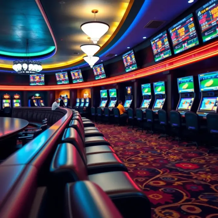 Comfortable seating and betting stations in a vibrant casino sportsbook environment