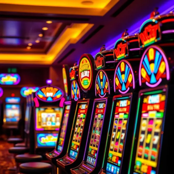 Row of colorful slot machines glowing with vibrant lights inside a casino