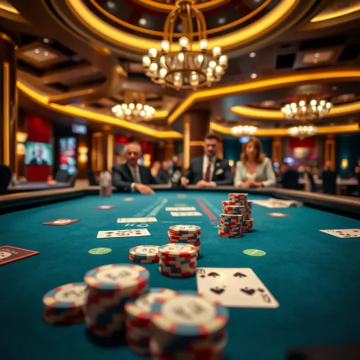 Luxurious casino table with chips and cards ready for a game of blackjack