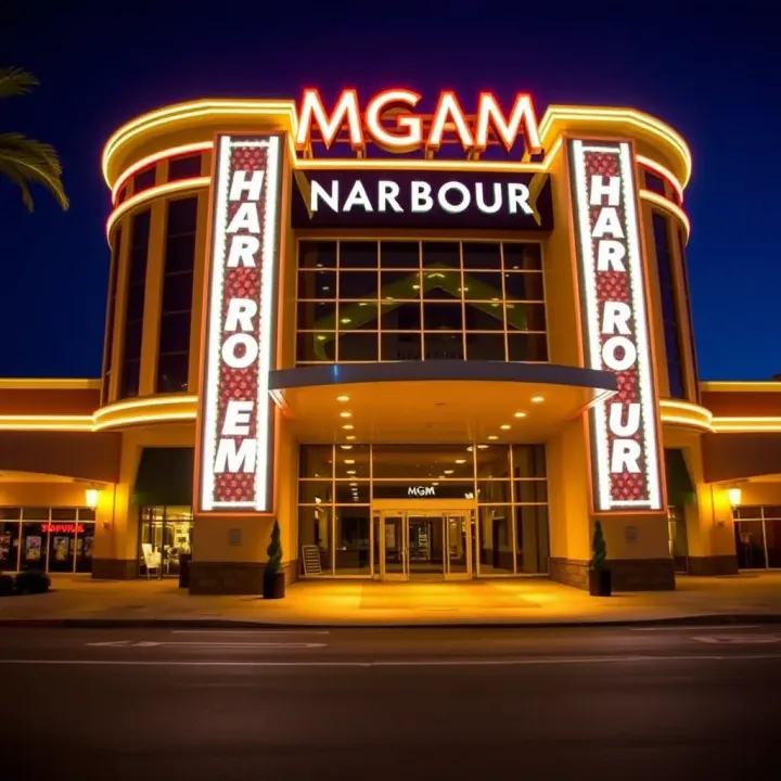 Exterior view of MGM National Harbour Casino entrance during evening hours with illuminated signage