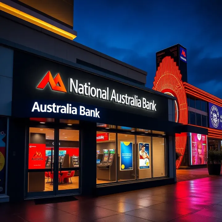 Exterior view of a National Australia Bank branch located near a casino building with visible gaming signage
