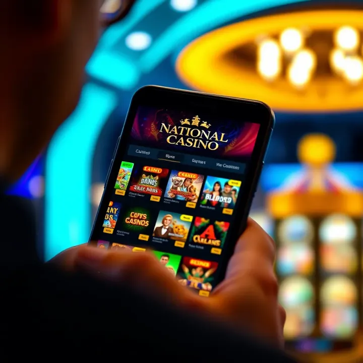 National Casino Australia App Interface Showcasing Game Selection Mobile device displaying the National Casino Australia app interface with various casino games available