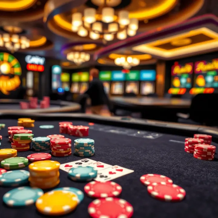 An overview of casino games with colorful chips and cards on a table illustrating game variety