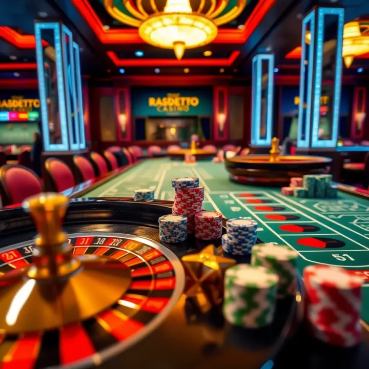 Classic casino table featuring roulette wheel and chips arranged for play