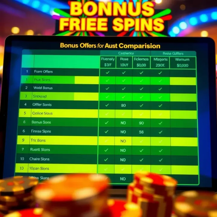 Bonus Offers Comparison for Australian Online Casinos Comparison chart showing bonus offers among different online casinos