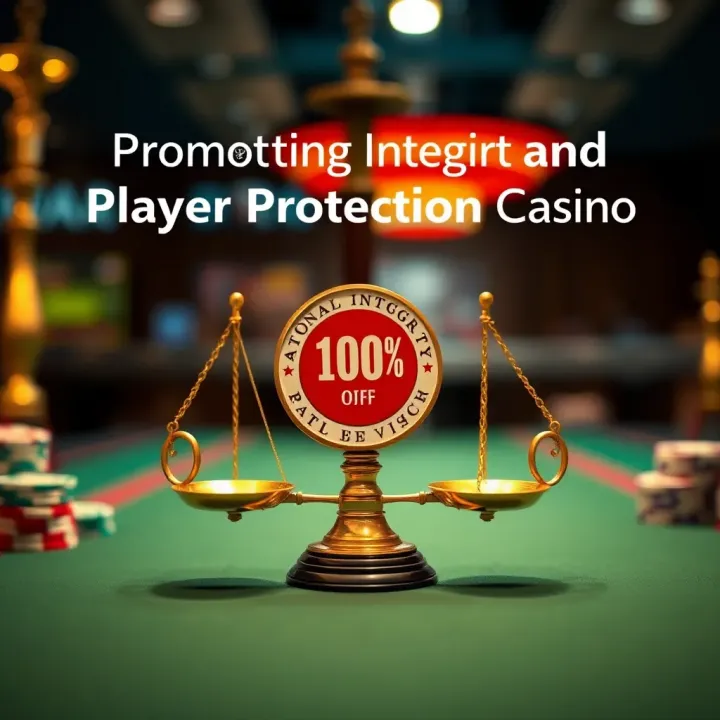 Graphic depicting a balance scale with casino integrity and player protection symbols