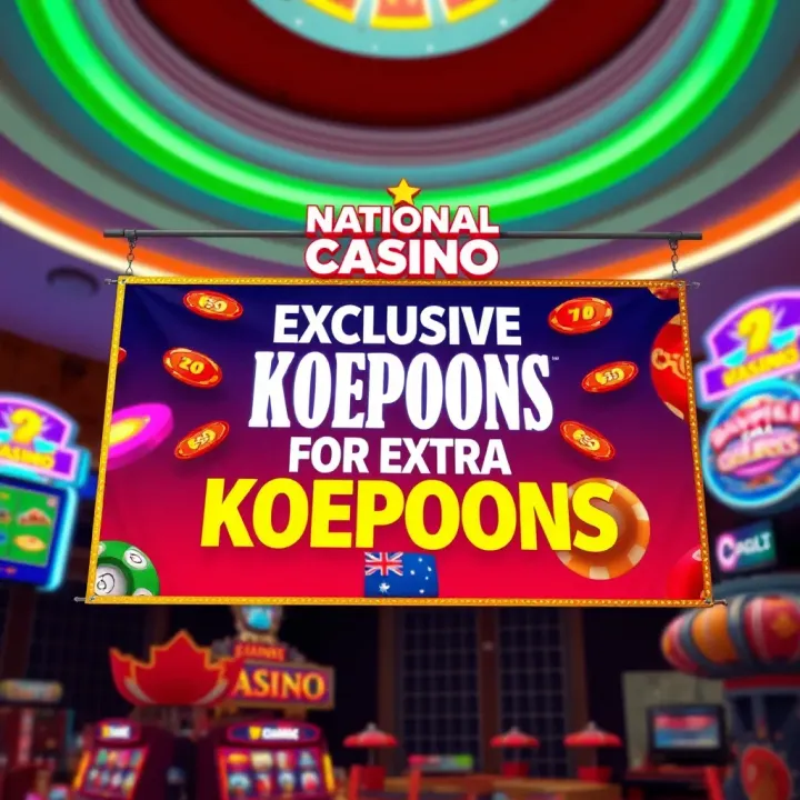 A vibrant National Casino banner showcasing special discount koepoons for Australian players