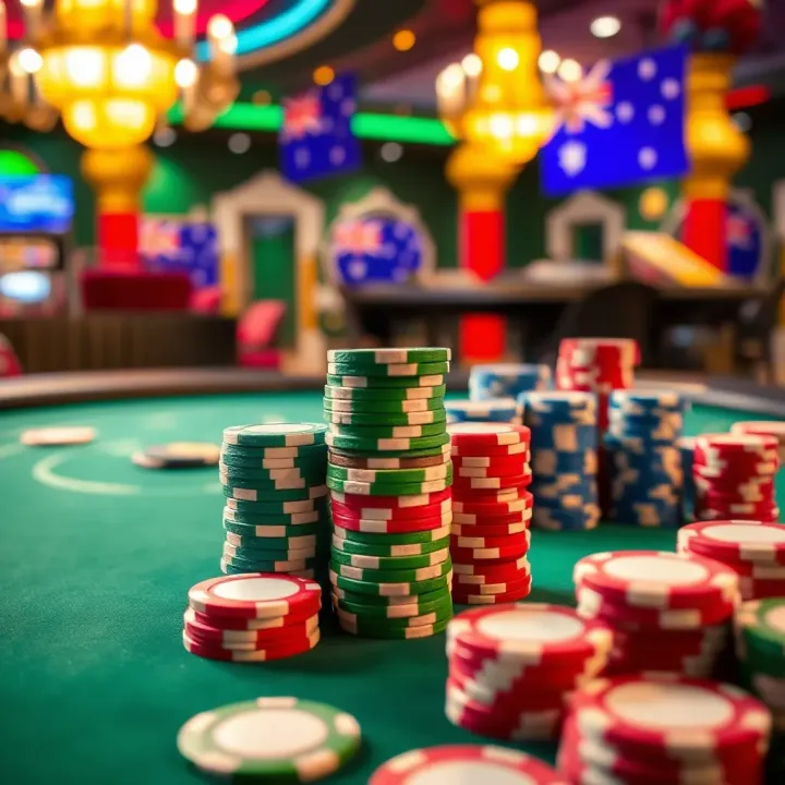 Colorful casino chips stacked neatly on a green felt gaming table with Australian-themed decor in the background
