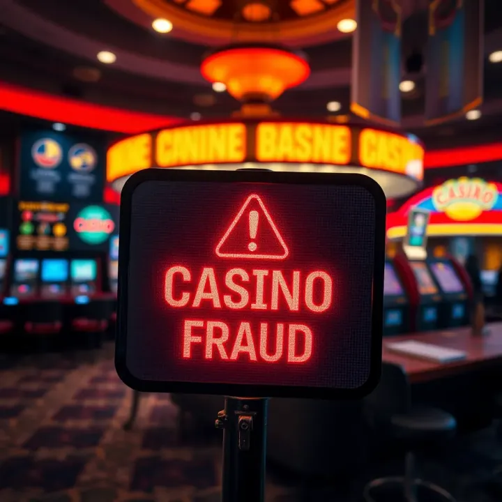 Warning sign highlighting online casino fraud risks with digital symbols