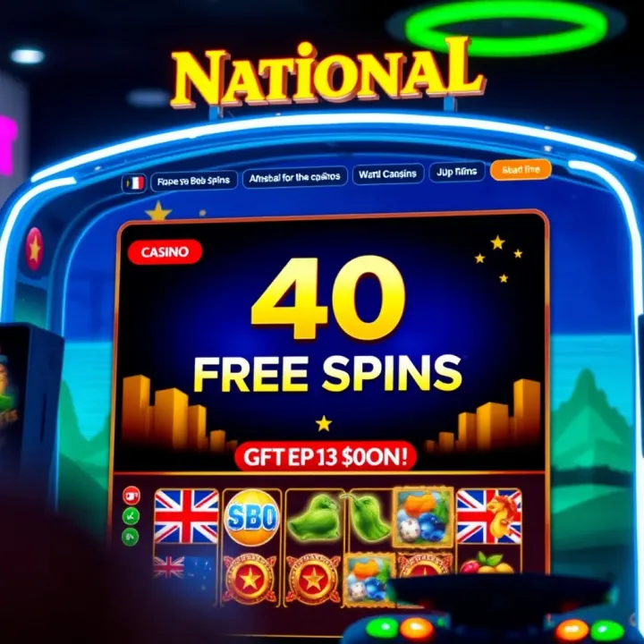 National Casino Free Spins Offer in Australia Bright casino interface displaying free spins offer with Australian theme