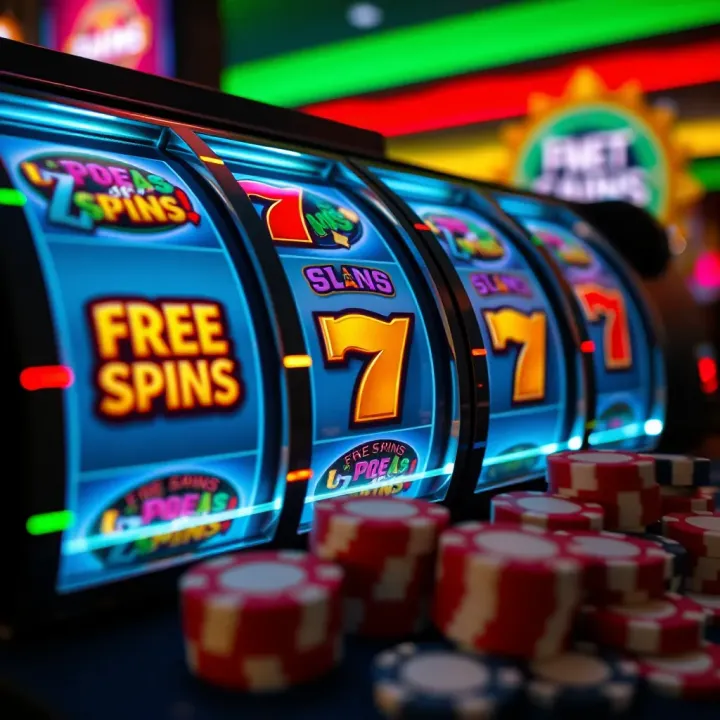 Slot machine reels with glowing free spins icons and casino chips
