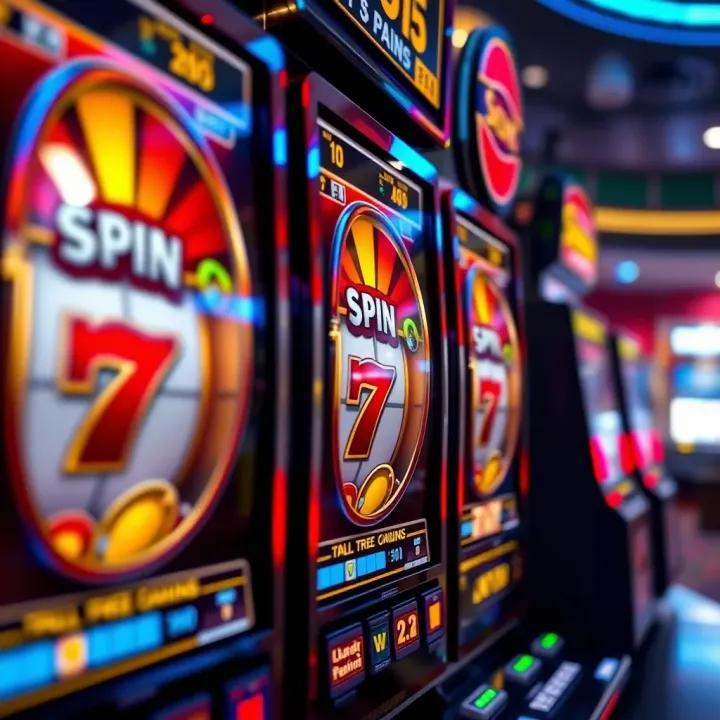 Bright casino slot machine with spinning reels and vibrant symbols
