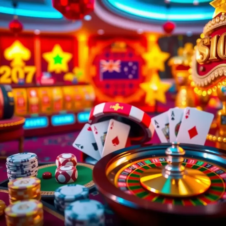Variety of casino game icons representing slots, roulette, and card games against a vibrant background