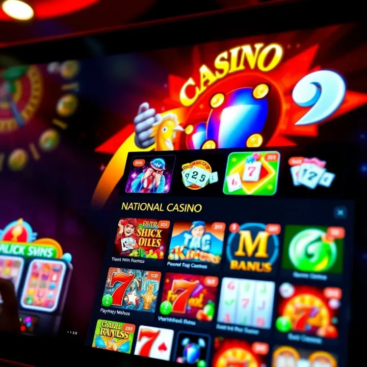 Variety of casino games including slots and table games on a digital screen