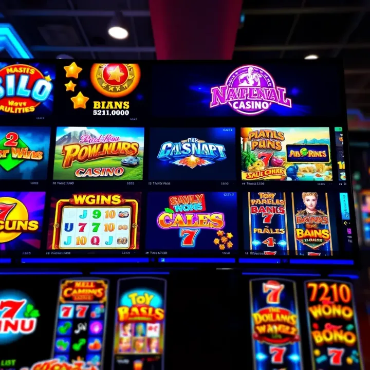 Diverse selection of casino slot games displayed on a digital screen