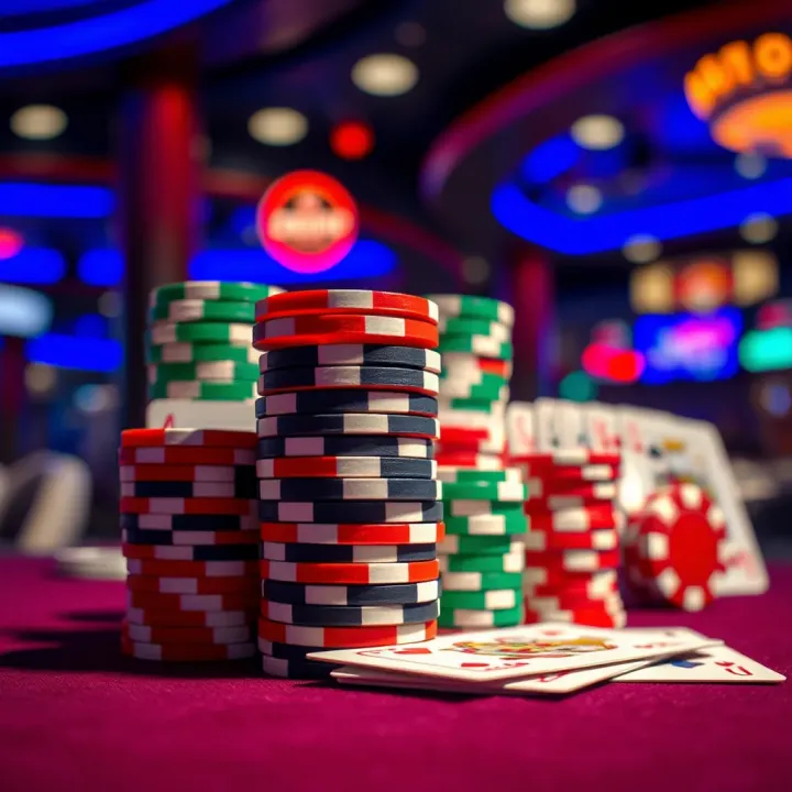Colorful Casino Chips and Playing Cards in Australian Casinos Close-up of colorful casino chips stacked on a table with playing cards in the background