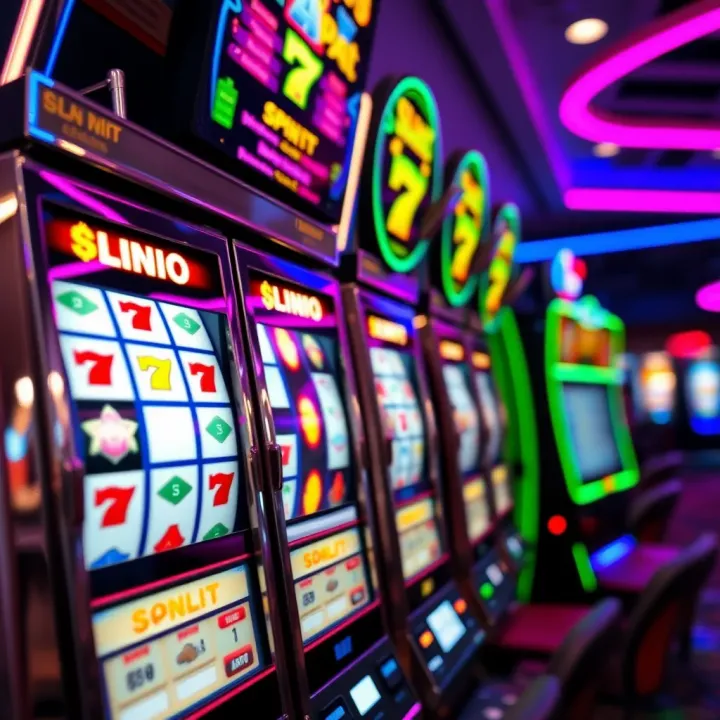 Close-up of a colorful slot machine display with spinning reels and bright symbols
