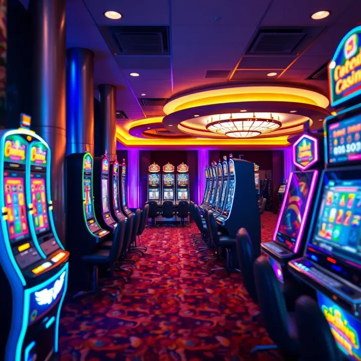 Modern casino floor with rows of various electronic slot machines and ambient lighting