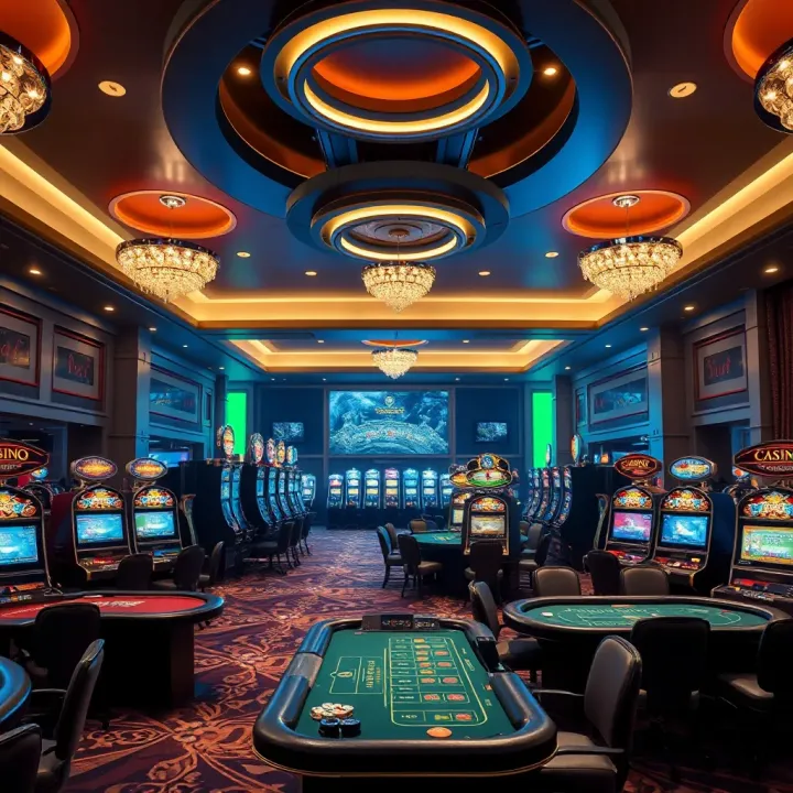 Elegant casino interior showcasing various gaming tables and slot machines in a luxurious setting